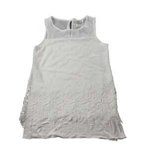Neiman Marcus Lace Tank‎ Top Women S White Sheer Yoke Sleeveless Floral Blouse